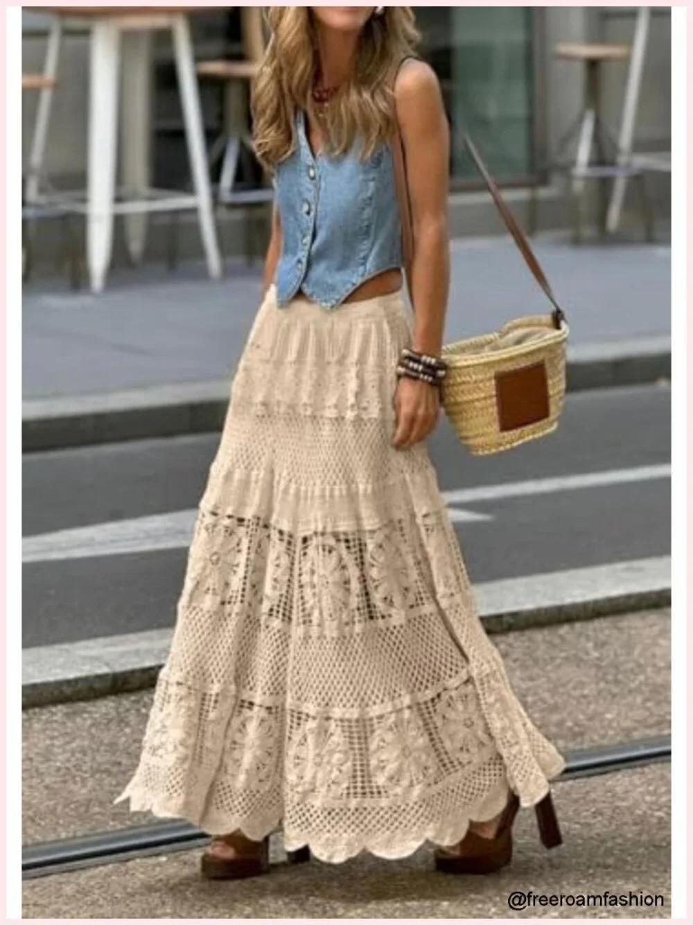 Women's Boho Maxi Skirt Floral Lace Crochet Knit A-Line Flowy